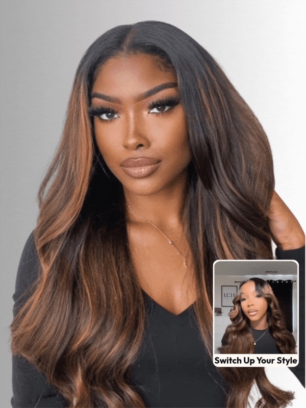7x5 Bye Bye Knots™ Wig Glueless Lace Balayage Highlight Body Wave Drawstring Curtain Bangs Wig